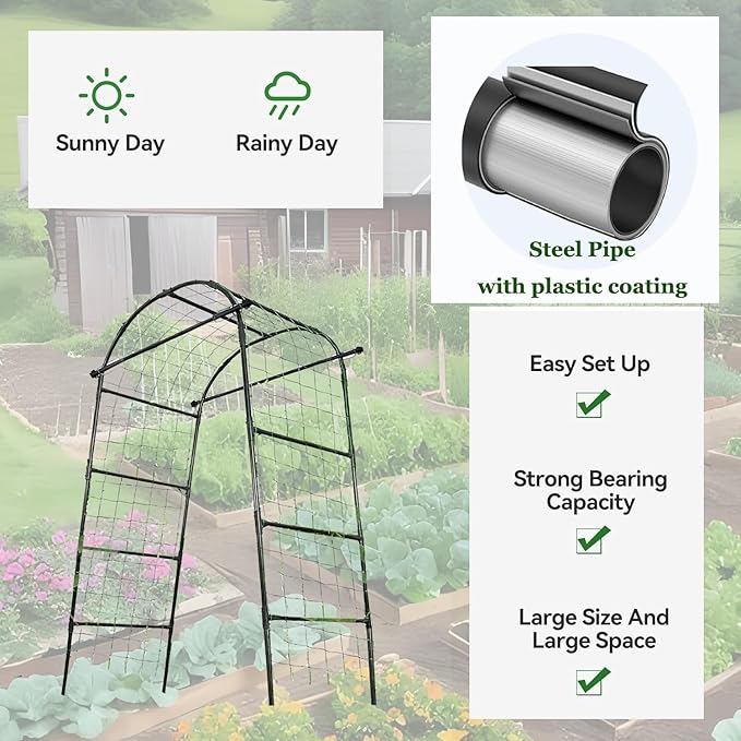 80 Inch Tall Garden Arch Trellis for Climbing Plants Outdoor Cucumber Trelli for Raised Bed Metal Trellis Support with Net for Vegetables Tomato Zucchini Squash Beans Peas Melons Rose FlowersVines