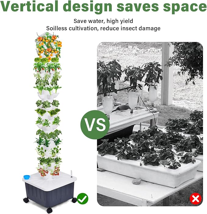 Hydroponic Tower Growing System 14 Layer 70 Pods Hydroponic Grow Tower Kit with Water Pump and Movable Water Tank Modulars Indoor/Outdoor for Vegetable Strawberries Lettuce