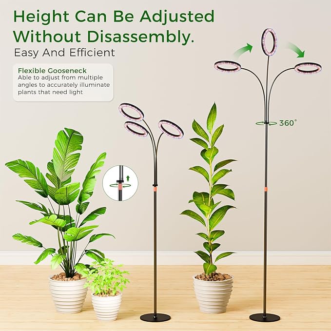 Grow Lights for Indoor Plants with Timer Three-Heads 63 Inch Vertical Grow Light Full Spectrum 216 LEDs 48W 3/6/12H Auto On/Off 3 Light Modes 10-Level Dimmable Gooseneck Standing Plant Lamp