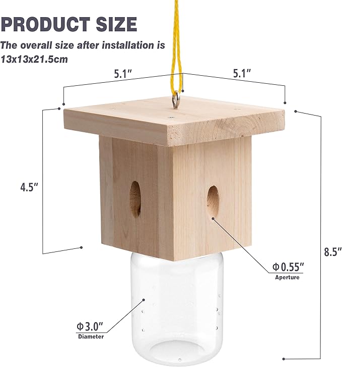2 PCS Wood Carpenter Bee Trap for Outside - Best Bee Trap - Nature Hanging Carpenter Bee Traps Plastic Jar Outdoor - Insect Traps