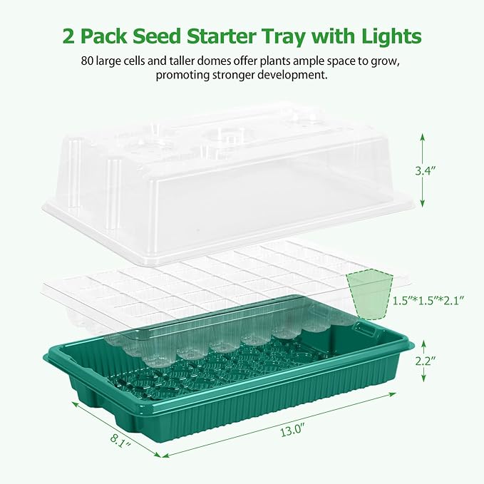 Seed Starter Tray with Grow Light 80 Cells Seed Starter Kit with Humidity Dome Indoor Seedling Starter Trays Adjustable Brightness and Timed Plant Germination Starter Trays for Seeds Growing 2 Pack