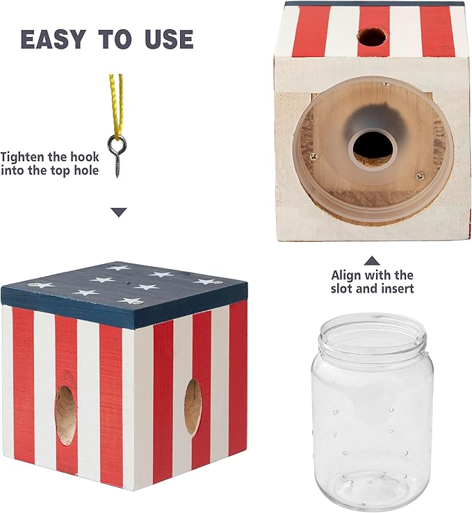 2 PCS Wood Carpenter Bee Trap for Outside - Best Bee Trap - Cube Flag Style Nature Hanging Carpenter Bee Traps Plastic Jar Outdoor - Insect Traps