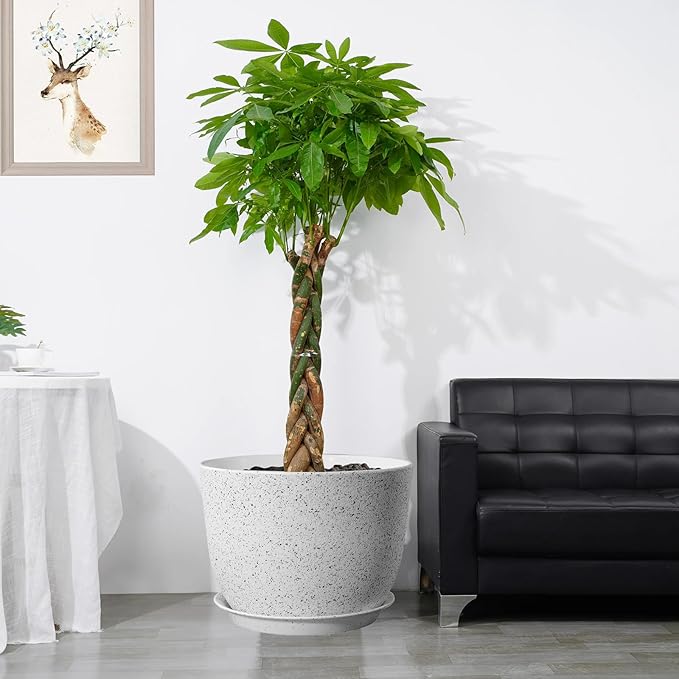 12/10/9 Large Modern Plant Pots Plastic Planters with Drainage Holes and Saucers for Indoor Outdoor Plants Flowers White Speckles