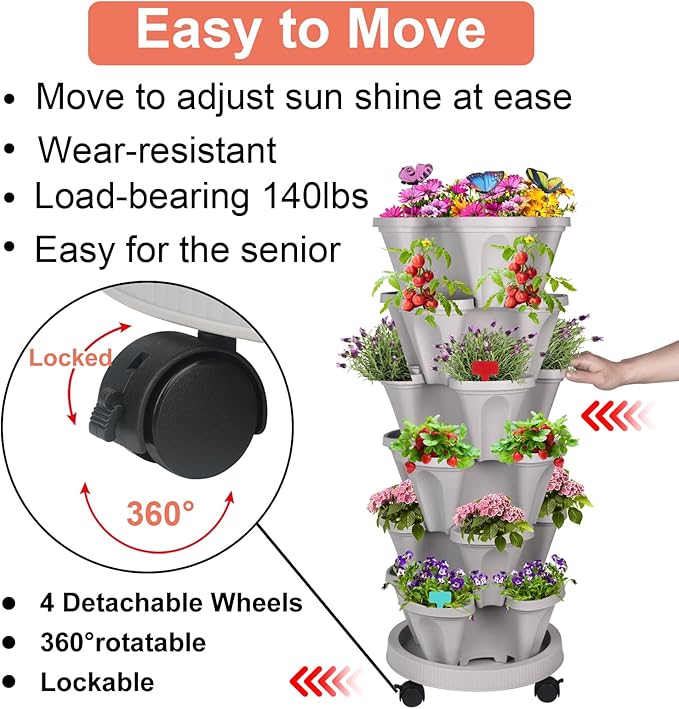 GameXcel Vertical Planter 6 Tier Stackable Strawberry Planter with Garden Tool Set Movable Indoor/Outdoor Garden Herb Pot for Growing Vegetables and Succulents Gray