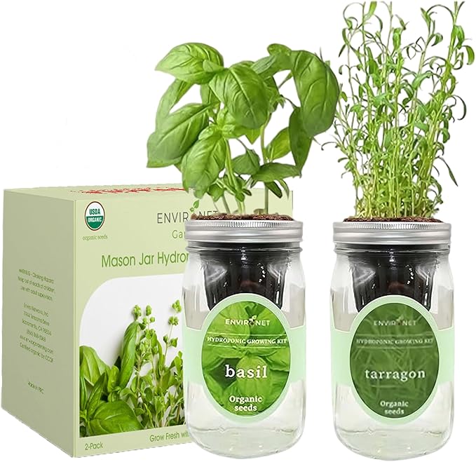 2-Pack Hydroponic Mason Jar Herb Garden Kit Indoor Herb Garden Self-Watering Starter Kit (BasilTarragon)