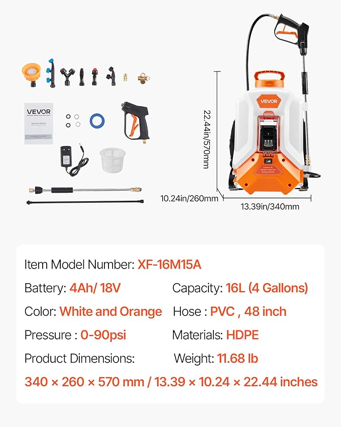 VEVOR Battery Powered Backpack Sprayer Electric Back Pack Sprayer 4 Gallon 2 Wands &amp 8 Nozzles Adjustable 0-90 PSI 4H Runtime Portable Lawn &amp Garden Sprayers for Weeding Spraying Cleani