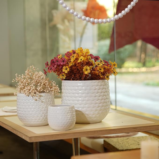 Handmade White Textured Ceramic Planter Set of 3 (9.45×8.07 7.48×6.3 5.31×4.49) Indoor Outdoor Flower Pots for Orchids Succulents by Window Couchside Breathable Clay