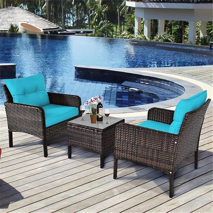 Pemberly Row 3-Piece 26'' Rattan Conversation Set Outdoor Seating Ensemble Built for Casual Comfort and Interaction Turquoise