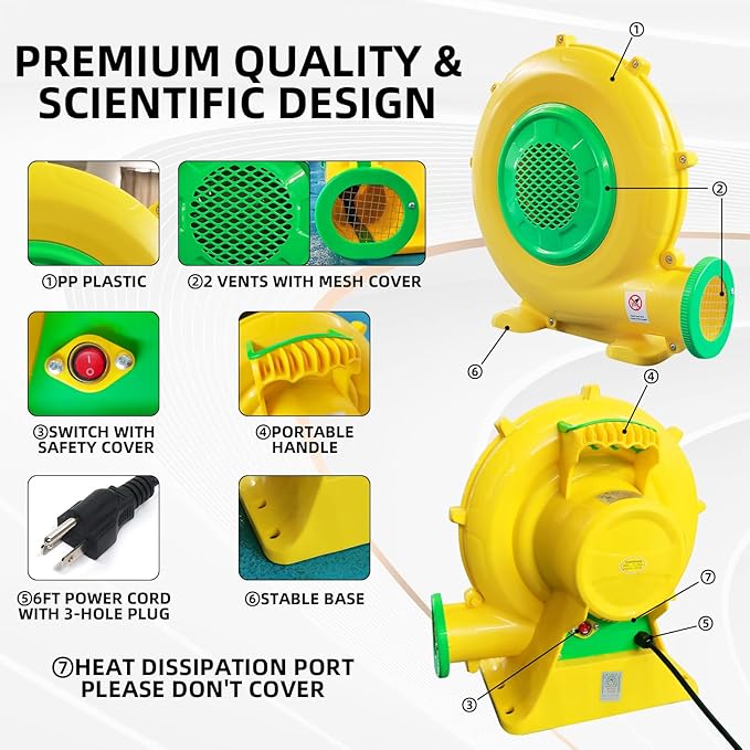 750W Air Blower QILEBA 1HP Powerful Bounce House Blower for Inflatables Portable Inflatable Bubble House Blower Fan Pump for Spray Booth Bouncy Castle Jumper Water Slid Blower Corded(750W)