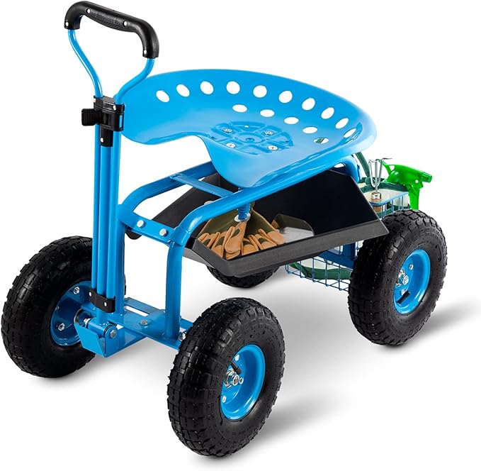Rolling Garden Cart with Workseat - Heavy Duty Scooter with Handle and Storage Gardening Stool 360 Degree Swivel Seat for Seniors Garden Cart on WheelBlue