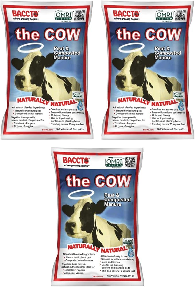 Michigan Peat Baccto 1640 Wholly Cow Horticultural Compost and Manure for Soil Amendment Lawn Care &amp Garden Beds 40 Quart Bag (3 Pack)