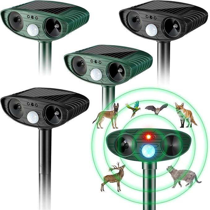 Ultrasonic Animal Repellent Outdoor Solar Powered Repeller Cat Dog Deer Deterrent Waterproof Motion Sensor Deterrent for Yard Garden Rabbit Squirrels Fox Pest(Black Green4 Pieces)