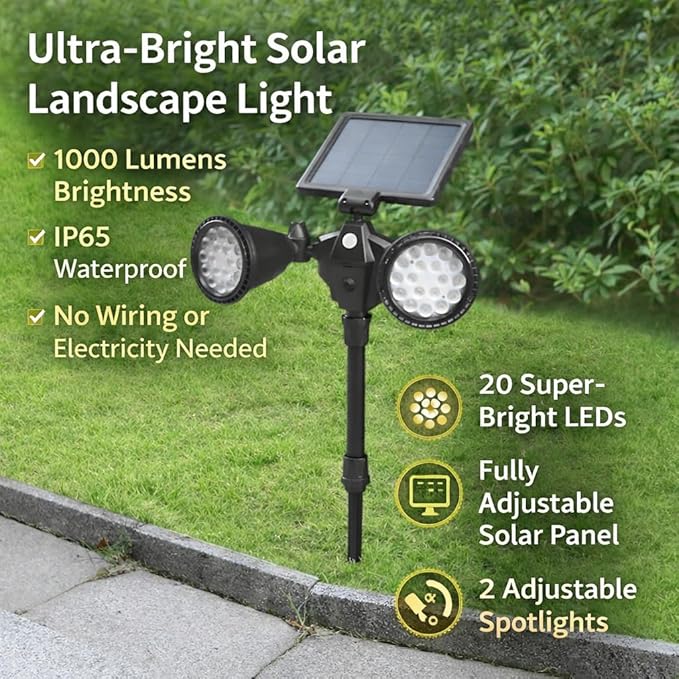 Solar Outdoor Spotlights Dual-Head 36 LED Solar Security Light with Motion Sensor Ultra-Bright Landscape Wall &amp Ground Lights Waterproof Solar Powered Lighting for Yard Garden Patio Driveway