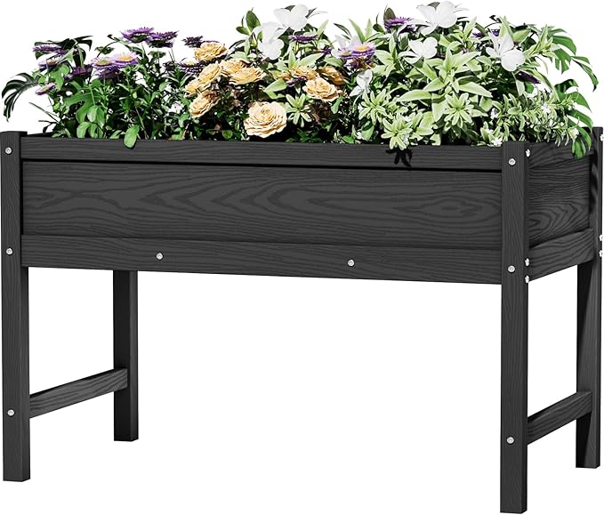 HDPE Raised Garden Bed with Legs Outdoor All-Weather Elevated Planter Box Raised Beds for Seeds Herb Flower Vegetable (Black)