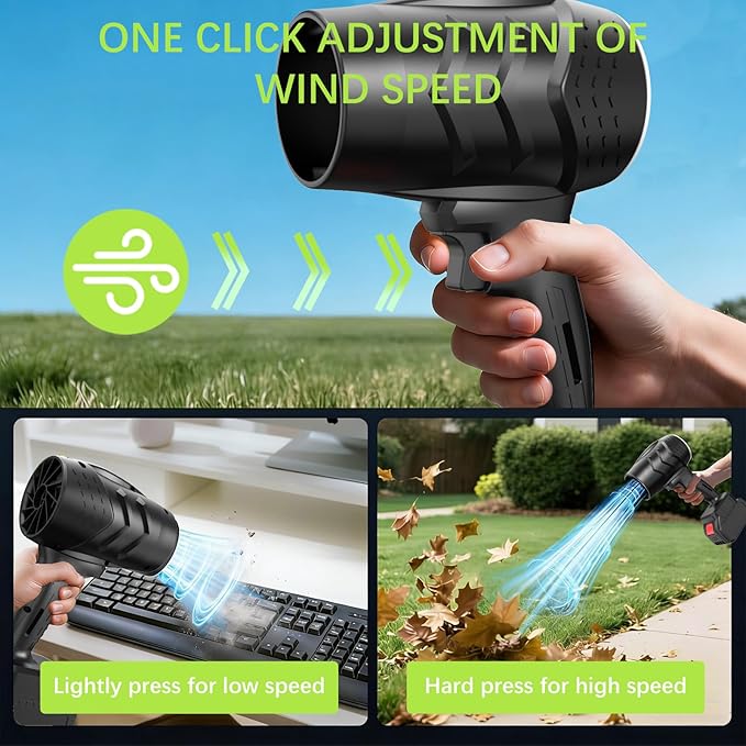 Leaf Blower with 21V*2 Pcs Batteries 950000RPM Powerful Fan High Variable Speed 200 MPH Handheld Air Blower Perfect for Car Drying Patio Cleaning Lawn Caring Leaves Blowing (Black)