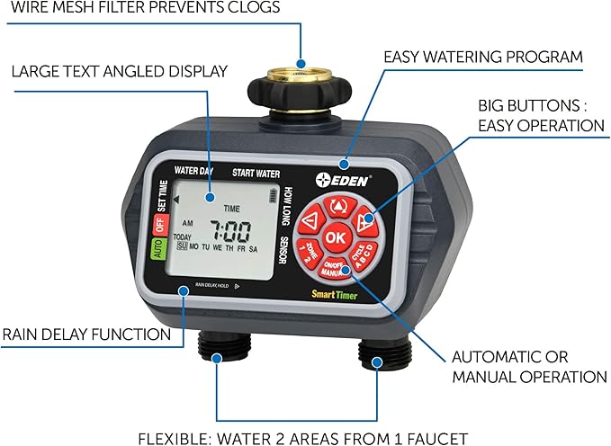 Eden 93412 Programmable Digital Water Timer 2-Zone Compatible with Wireless Soil Moisture Sensor