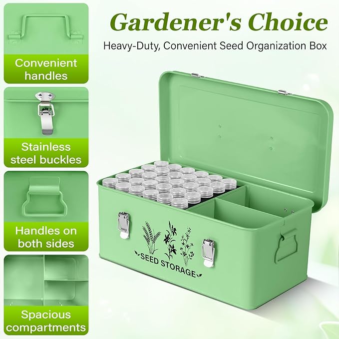 Seed Storage Box Organizer - Metal Garden Seed Storage Container Kit with 60 Vials 30 Plant Tags 20 Envelopes Funnel &amp Labels - Moisture-Proof Seed Bank for Long Term Storage