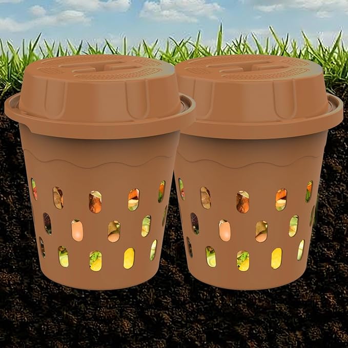 2-Pack InGround Compost Bin for Garden Beds 8L Worm Composter Farm for Faster Composting Worm Composter Kit with Aeration Animal-Proof Lid for Beginners (9.5x9.5x10.8Inch) (2 Gold)
