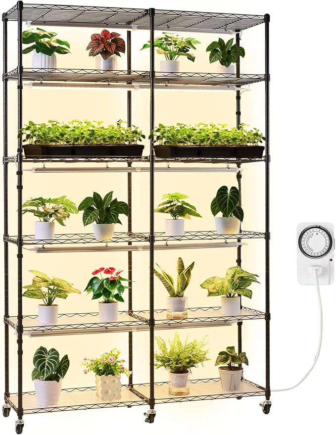 VEVOR Plant Shelf with Grow Light 6-Tier Double-Row Plant Stand 71in Tall Indoor Plants Display Rack with Wheels &amp Timer 200W Full Spectrum Grow Lights Metal Flower Pot Holder for Seed Startin