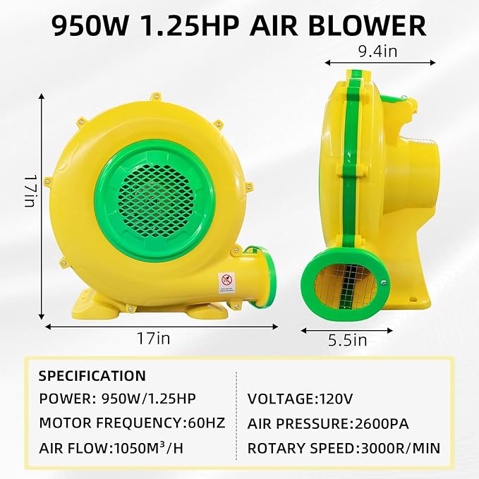 Air Blower 950W 1.25HP Bounce House Blower Portable Pump Fan Perfect for Inflatable Bouncy Castle Jumper Water Slide Leaf Blower Corded(950 Watt 1.25HP)