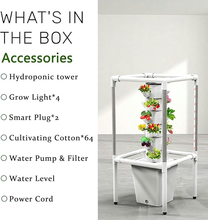 Hydroponic Culture 18 -Storey Hydroponic Tower Interior Vertical Garden with Timed LED Growth Light Nursery Germination Kit That Includes Level