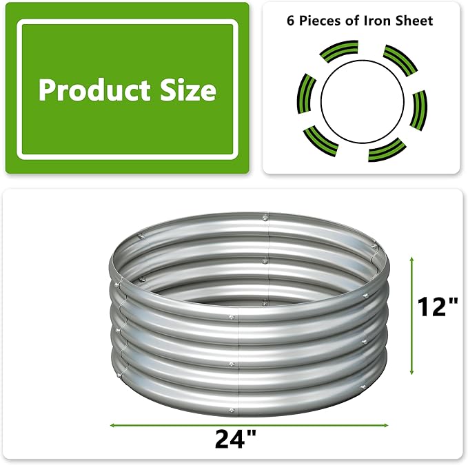2PCS 2x2x1ft Galvanized Raised Garden Bed Kit-Round Garden Bed Outdoor Planter Box for VegetablesFlowersHerbsEasy AssemblySilver