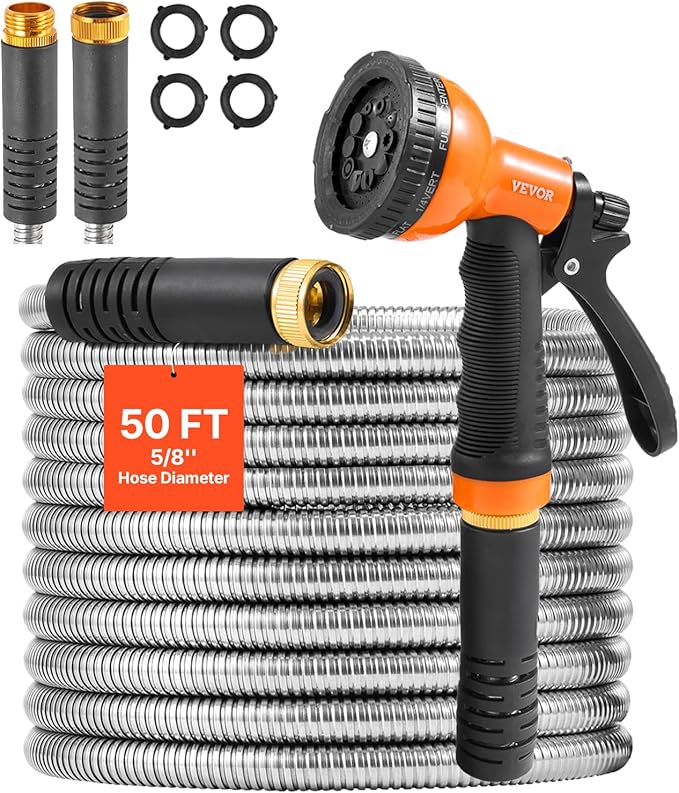 VEVOR Garden Hose Metal 50FT – Heavy Duty Stainless Steel Water Hose Flexible No Kink &amp Tangle Puncture Resistant &amp Rust Proof Lightweight w/ 10-Function Spray Nozzle for Yard Outdoor Ga