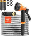 VEVOR Garden Hose Metal 50FT – Heavy Duty Stainless Steel Water Hose Flexible No Kink &amp Tangle Puncture Resistant &amp Rust Proof Lightweight w/ 10-Function Spray Nozzle for Yard Outdoor Ga