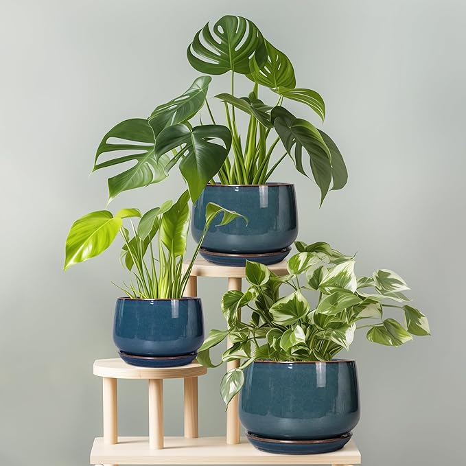 G EPGardening Ceramic Planter 6 Inch - Round Modern Ceramic Pot for Plants with Drainage and Plant Tray Indoor for Flower Apartment Decor Housewarming Gifts New Home Retro Blue