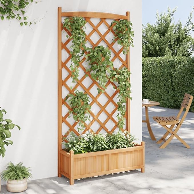 Solid Wood Garden Planter with Trellis Wood Raised Garden Bed Planter with Trellis Outdoor Garden Box for Climbing Plants Brown Solid Wood Fir-771