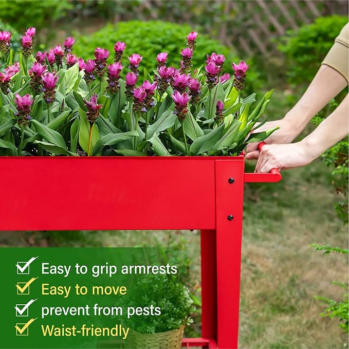 MFSTUDIO Outdoor Raised Elevated Garden Planter Box with Legs Patio Standing Planter Bed Cart on Wheels for Gardening Vegetables Flower Herb Red