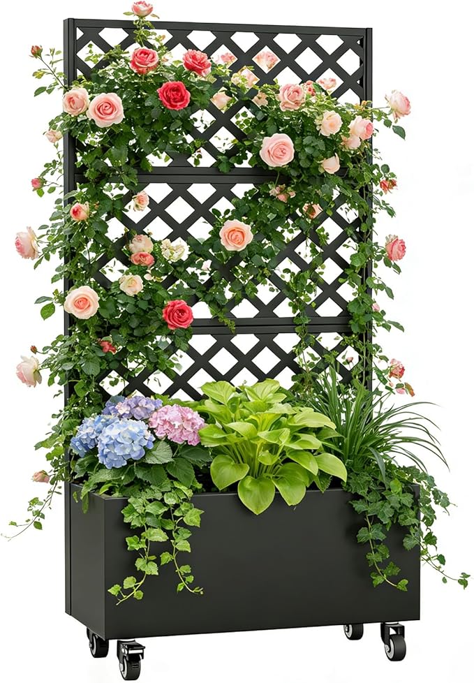 72 Planter Box with Trellis &amp Wheels Planter Boxes Outdoor with Drainage Hole for Climbing Plants Raised Planter with Privacy Screen Black
