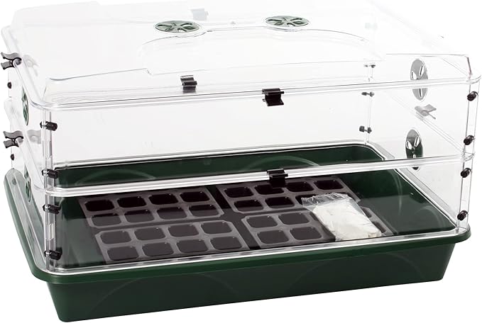 EarlyGrow Large Domed Propagator with 2 Height Extenders Seedling Trays and Locking Clip Set Green (97019)