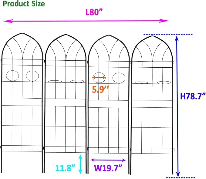 4 Pack Large Garden Trellis 78.7 H x 19.7 W Heavy Duty Rustproof Black Iron Plant Trellis for Potted Plant Support Metal Climbing Rose Trellis Vine Vegetable Cucumber