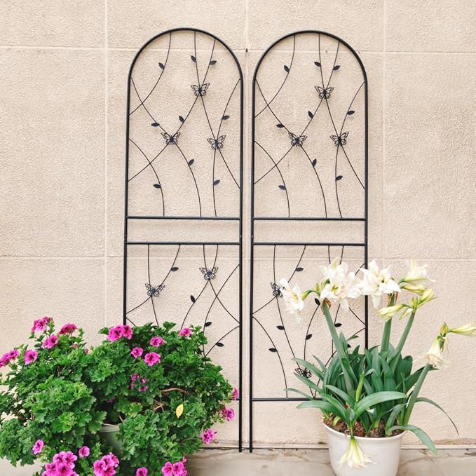Sturdy Metal Garden Trellis for Climbing Plants – Rust-Resistant Outdoor Flower Support with Decorative Butterfly Design (2 Pack-H71'')