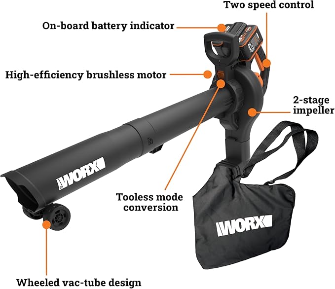 WORX Cordless Leaf Blower 3 in 1 Blowers for Lawn Care with Leaf Vacuum &amp Leaf Mulcher Electric Blower with Brushless Motor &amp 2 Speed Control 2 × 4.0 Ah Batteries &amp Charger Included WG