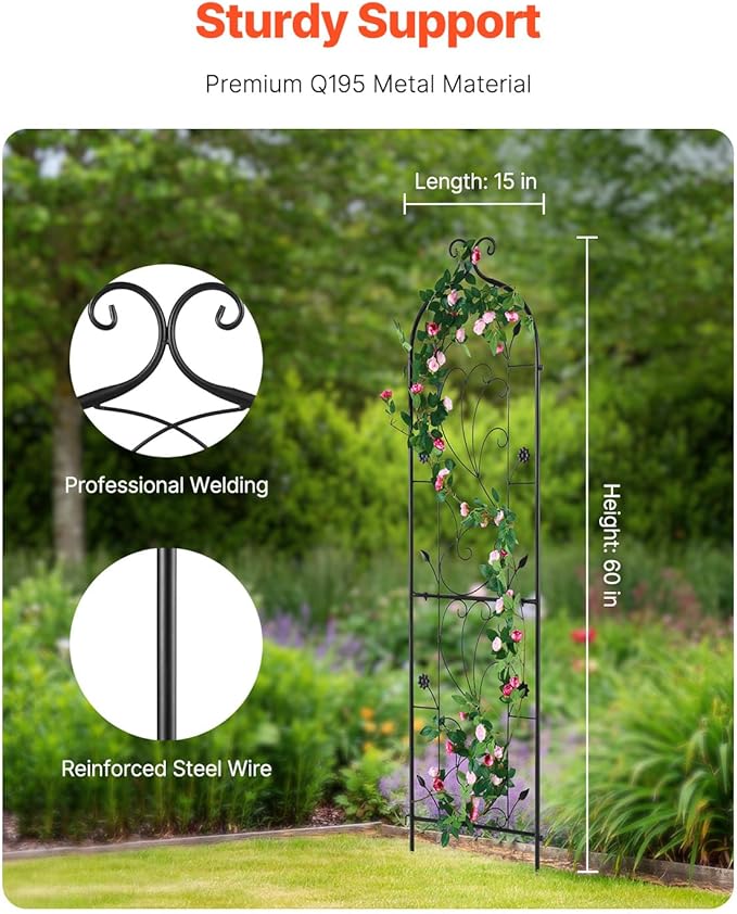 VEVOR 60 x 15 in Rustproof Metal Garden Flower Trellis Outdoor Climbing Rose &amp Cucumber Support Decorative Tall Clematis Trellis for Courtyards &amp Lawns