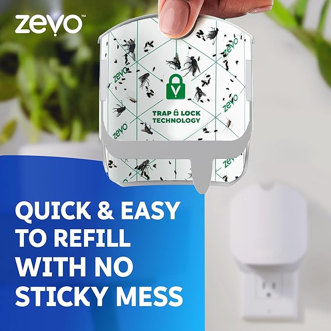 Zevo Compact Flying Insect Trap Kit with Refill Cartridges - Plug-in Indoor Bug Catcher for Gnats House &amp Fruit Flies - Blue + UV Light Technology No Odor No Mess (1 Plug-in Device + 3 Cartridg