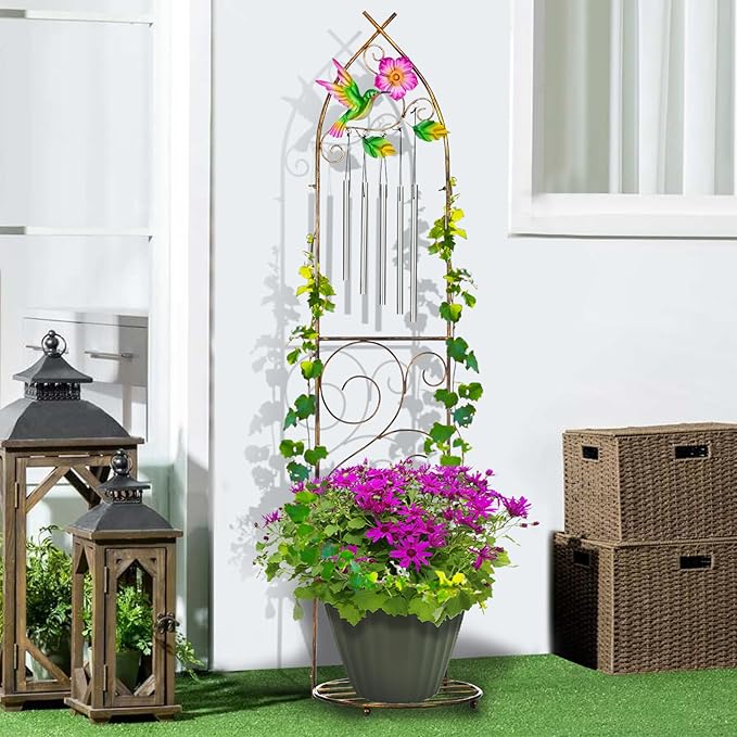 Garden Trellis with Plant Stands 48” Metal Detachable Hummingbird Plant Pot Trellis with Wind Chimes for Climbing Plants Outdoor Lawn Patio Porches Decor