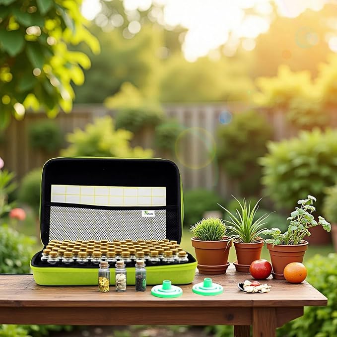 【80 Slots】 Seed Storage Organizer Sturdy Organizer Box with Dual Zipper Bag and 84Pcs Label Stickers Glass Seed Storage Container for Flower Vegetable Plants Garden Seeds Saving Green