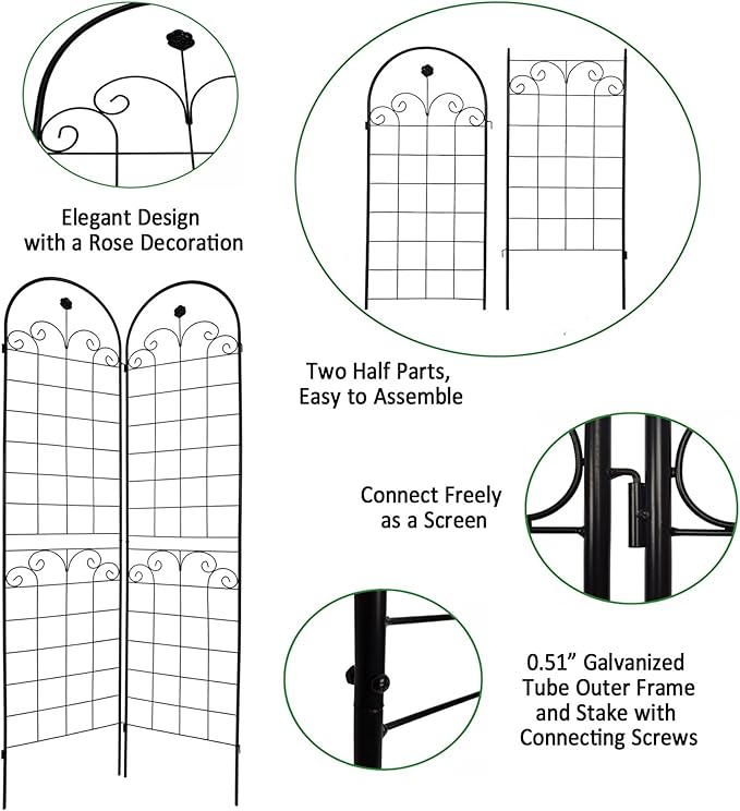4 Pack Black Metal Garden Trellis for Climbing Plants Outdoor Plant Support Rose Trellis Netting Design for Garden Screen Patio Practical