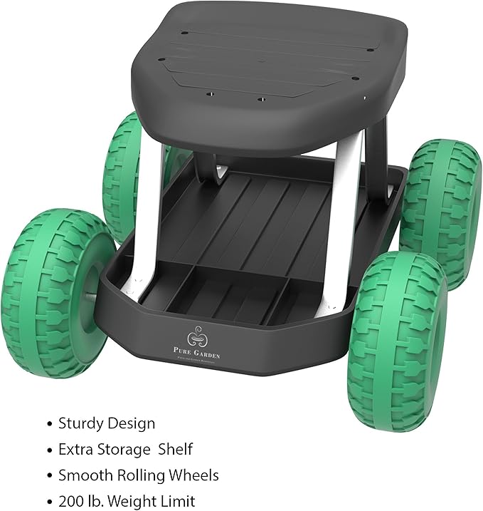 Pure Garden Rolling Garden Seat with Storage 200 lb Capacity Smooth Wheels Black and Green