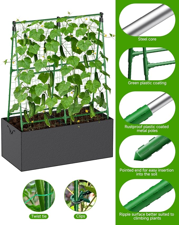 Cucumber Trellis with for Climbing Plants A-Shape Garden Trellis with Grow Bags Metal Plant Trellis with Garden Netting for Vegetables Flowers Fruits