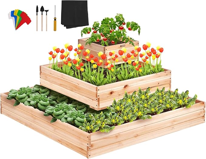 VEVOR 3 Tier Raised Garden Bed Wood Outdoor 45 x 45 x 20in High End Natural Fir Wood Planter Box Outdoor Planting Boxes for Flowers/Vegetables/Herbs in Backyard/Garden/Patio/Balcony with Open Base
