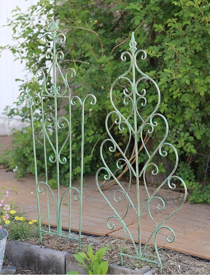 Metal Trellis for Outdoor Climbing Plants Green Antique-Style Vintage Garden Trellis Roses Vines Flowers(A)
