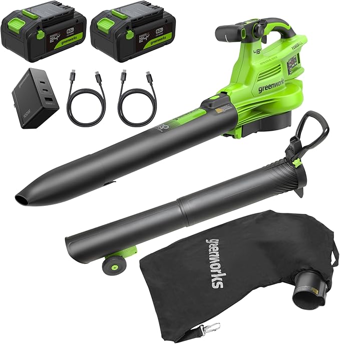 Greenworks 48V (24V x 2) 3-in-1 Brushless Blower Vacuum Mulcher (520 CFM / 240 MPH) Powerful for Yard Lawn Patio and Driveway Cleanup Includes (2) 6.0Ah Batteries and 100W Fast Charger