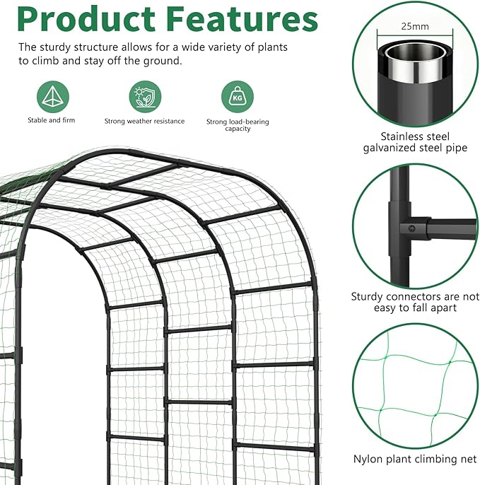 SUNYRISY Garden Arch Trellis for Climbing Plants Outdoor 88 x 88 x 88 Metal Core Tall Archway Tunnel Plant Support for Cucumber Tomato Vine Flowers Vegetables Climbing Plants