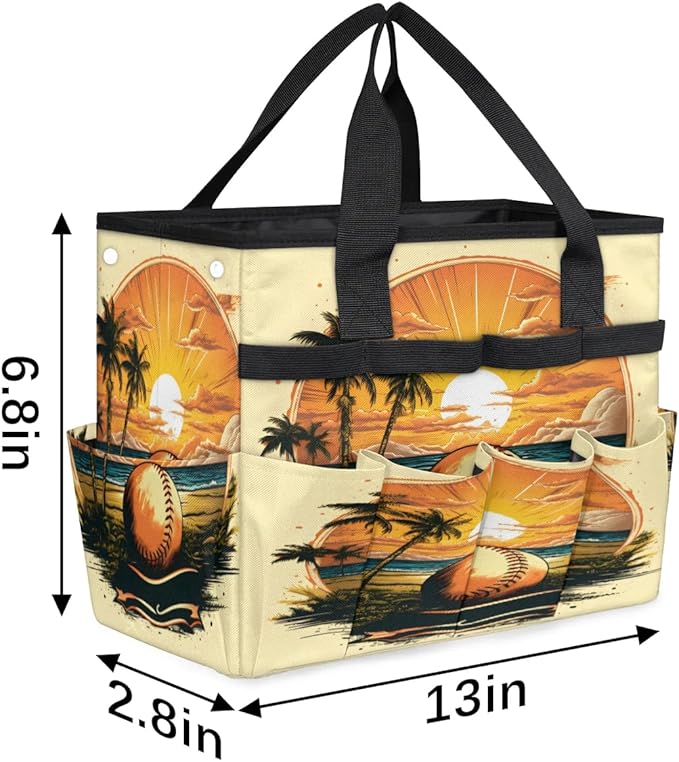 Sunset Coconut Volleyball Garden Tool Bag Waterproof Garden Tool Storage Bag Heavy Duty Oxford Gardening Tool Bag with Handle &amp 10 Pockets for Men Women Outdoor Garden Lawn Yard
