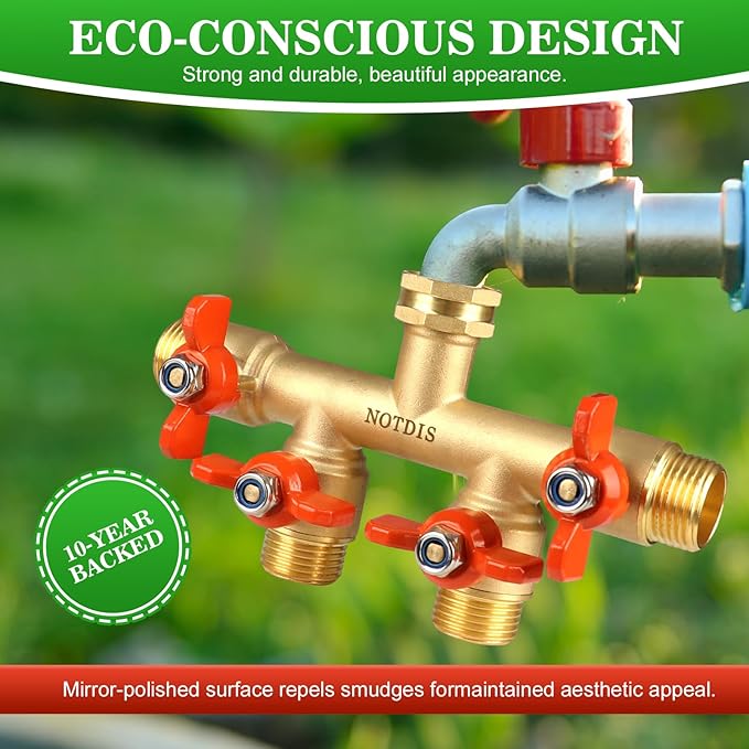 4 Way Brass Hose Splitter Full Flow with Metal Handle - Heavy Duty Spigot Splitter with Shut Off Valve 3/4 GHT Garden Tap Connector