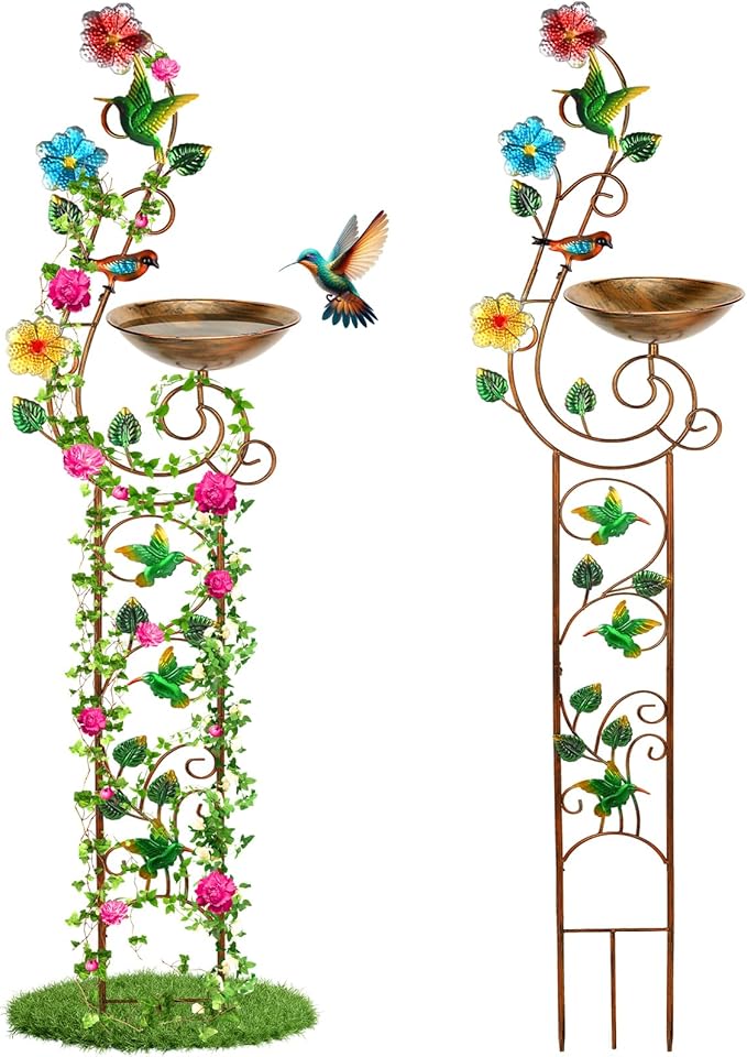 57” Bird Bath with Garden Trellis for Climbing Plants Outdoor Small Decorative Trellises Metal Birdbath Bird Baths 1 Piece (Hummingbird)